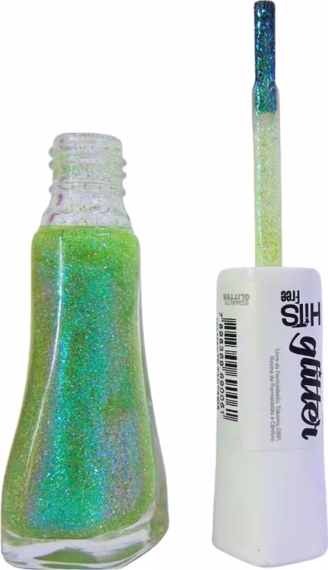 Frasco de esmalte de unhas com glitter multicolorido brilhante em tons de verde, azul e amarelo. Embalagem transparente de plástico cilíndrica. Rótulo branco com o logotipo "Hits" e texto "6Free" em preto.