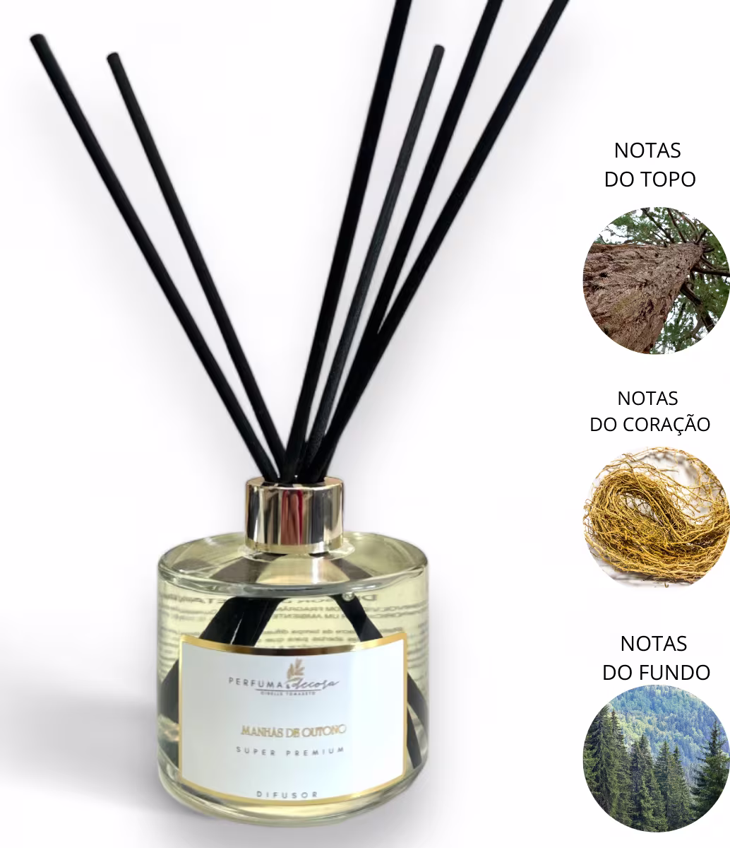 Difusor de aromas em um frasco de vidro transparente com hastes pretas para difundir o aroma. Rótulo branco escrito "Manhãs de Outono". Três círculos com as notas aromáticas: topo (madeira), coração (fibra vegetal) e fundo (paisagem florestal).