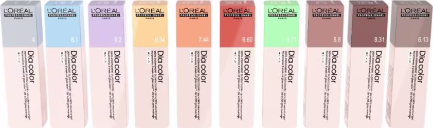 A imagem mostra uma linha de produtos de coloração de cabelo da marca L'Oréal Professionnel. São dez caixas retangulares, cada uma com uma cor diferente na parte superior.