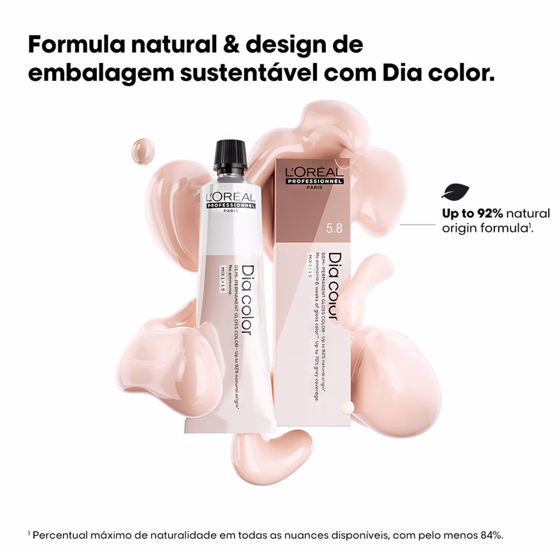 Produtos de coloração capilar da linha Dia Color da L'Oréal Professionnel. Embalagens plásticas em tons de bege e branco. Frascos e tubos contendo o produto de coloração.