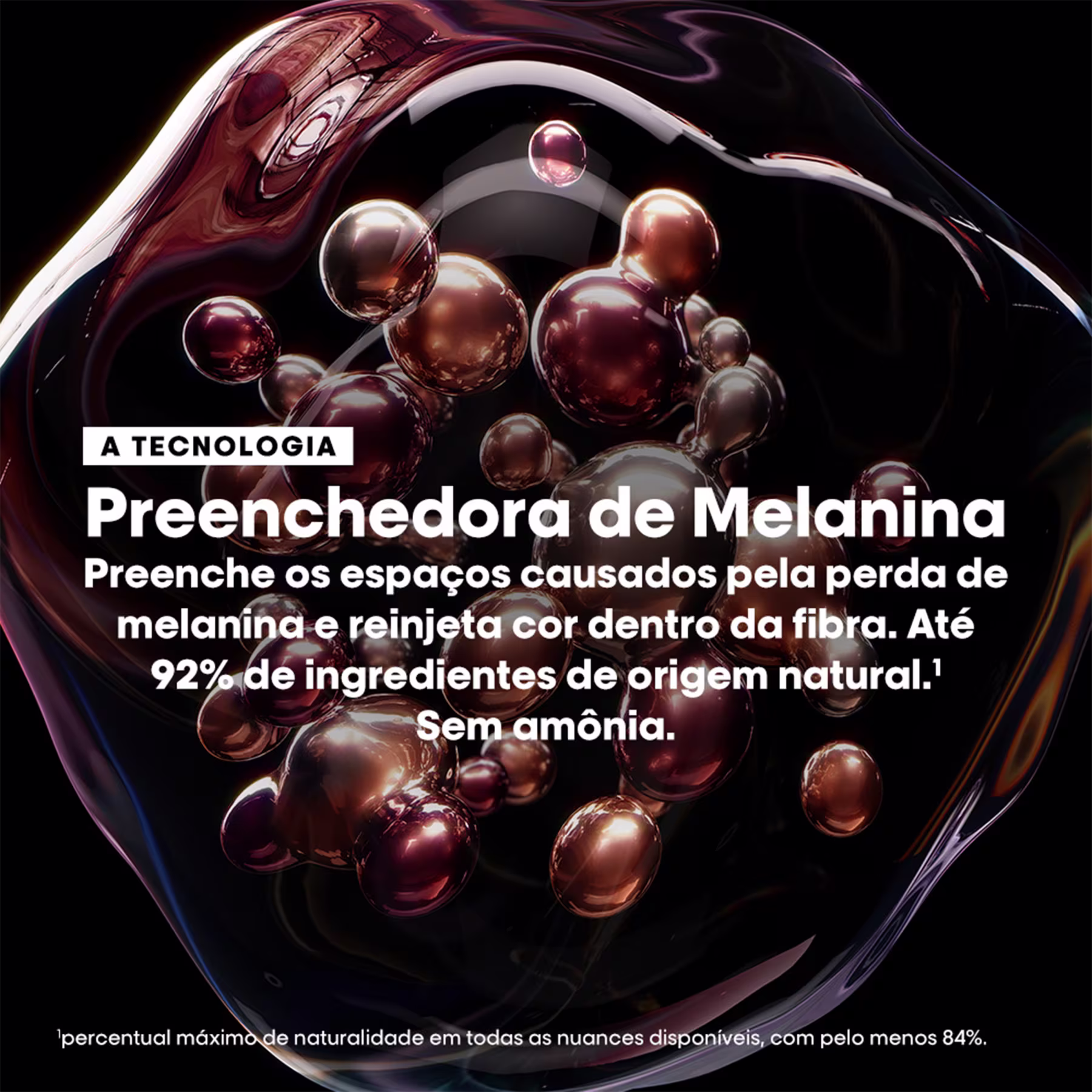 A imagem mostra um produto de coloração capilar da linha L'Oréal Professionnel. É uma tecnologia chamada "Preenchedora de Melanina" que, de acordo com o texto, preenche os espaços causados pela perda de melanina e reinjeta cor dentro da fibra capilar.