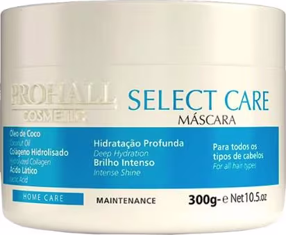 A imagem mostra a máscara capilar Select Care da marca Prohall Cosmetic.