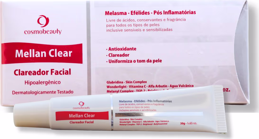 Clareador facial da marca Cosmobeauty, chamado "Mellan Clear". Se trata de um clareador facial hipoalergênico, dermatologicamente testado, que visa tratar manchas, uniformizar o tom da pele e reduzir a inflamação.