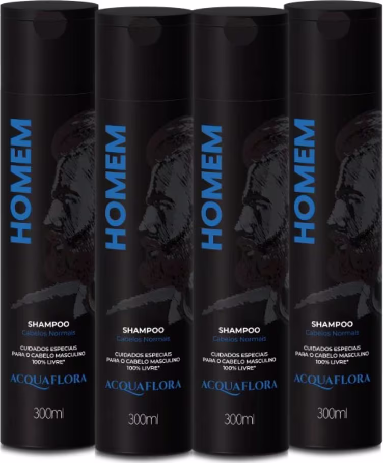 Quatro frascos pretos de shampoo da marca Acquaflora, cada um com 300ml de capacidade. Os frascos possuem rótulos azuis com o nome da marca e a indicação de que são cuidados especiais para cabelo masculino.