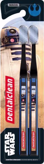 Este é um conjunto de duas escovas de dentes da marca Star Wars. As escovas têm cabos azuis com o logotipo da marca Star Wars e cerdas brancas. A embalagem é uma cartela plástica preta com uma imagem do personagem R2-D2 dos filmes Star Wars.