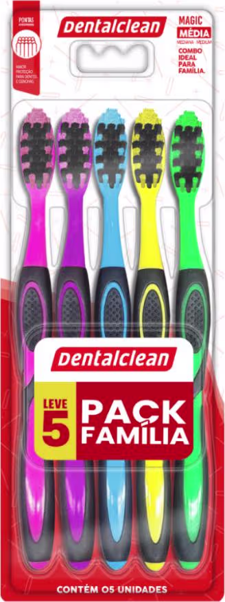 Conjunto de 5 escovas de dente Dentalclean em cores vibrantes - rosa, azul, amarelo, verde e roxo. As escovas têm cabos plásticos coloridos e cerdas pretas. O pacote é uma embalagem plástica transparente com fundo vermelho