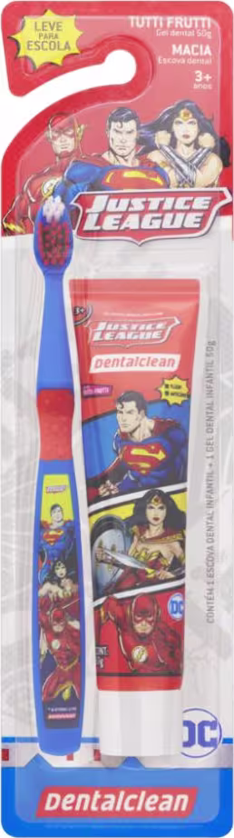 Este é um kit de higiene bucal infantil com tema da Liga da Justiça. O produto principal é uma escova de dente azul e vermelha com imagens dos super-heróis Superman, Mulher Maravilha e outros personagens da Liga. Acompanha um tubo de creme dental.