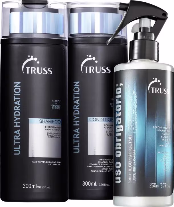 Kit com 3 produtos de TRUSS. Dois frascos grandes de shampoo e condicionador, um frasco de uso obrigatório spray.