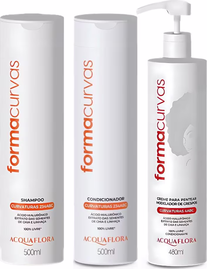 Três produtos Acquaflora para cuidados com os cabelos: shampoo, condicionador e creme para pentear, em embalagens brancas com detalhes em laranja, contendo informações sobre os ingredientes e benefícios.