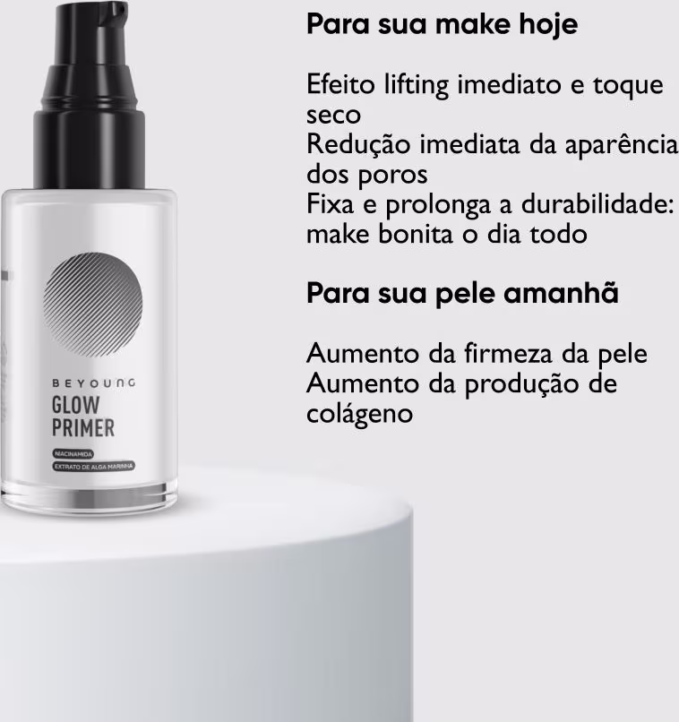 O produto é um primer facial da marca Beyoung, em embalagem preta e branca, com texto descritivo sobre seus benefícios, como efeito lifting imediato, redução de poros e aumento da firmeza da pele.
