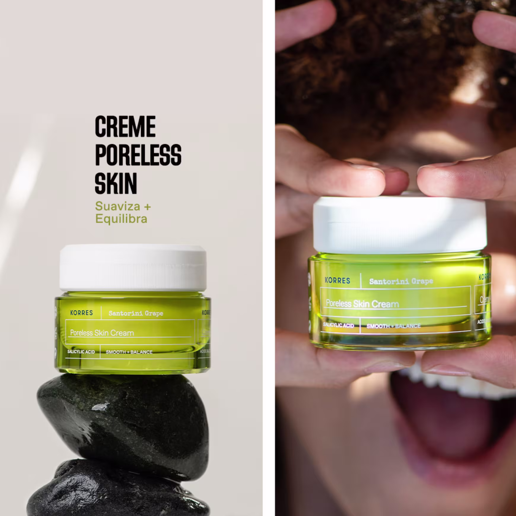 A imagem mostra o frasco do produto sobre uma pedra preta e do lado um close-up de duas mãos segurando o item.