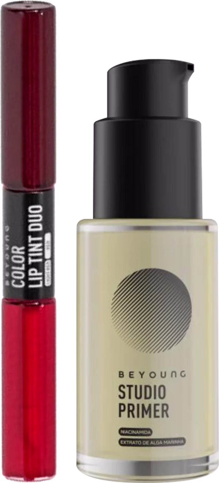 Produtos da marca Beyoung:  "Color Lip Tint Duo" e "Studio Primer" .