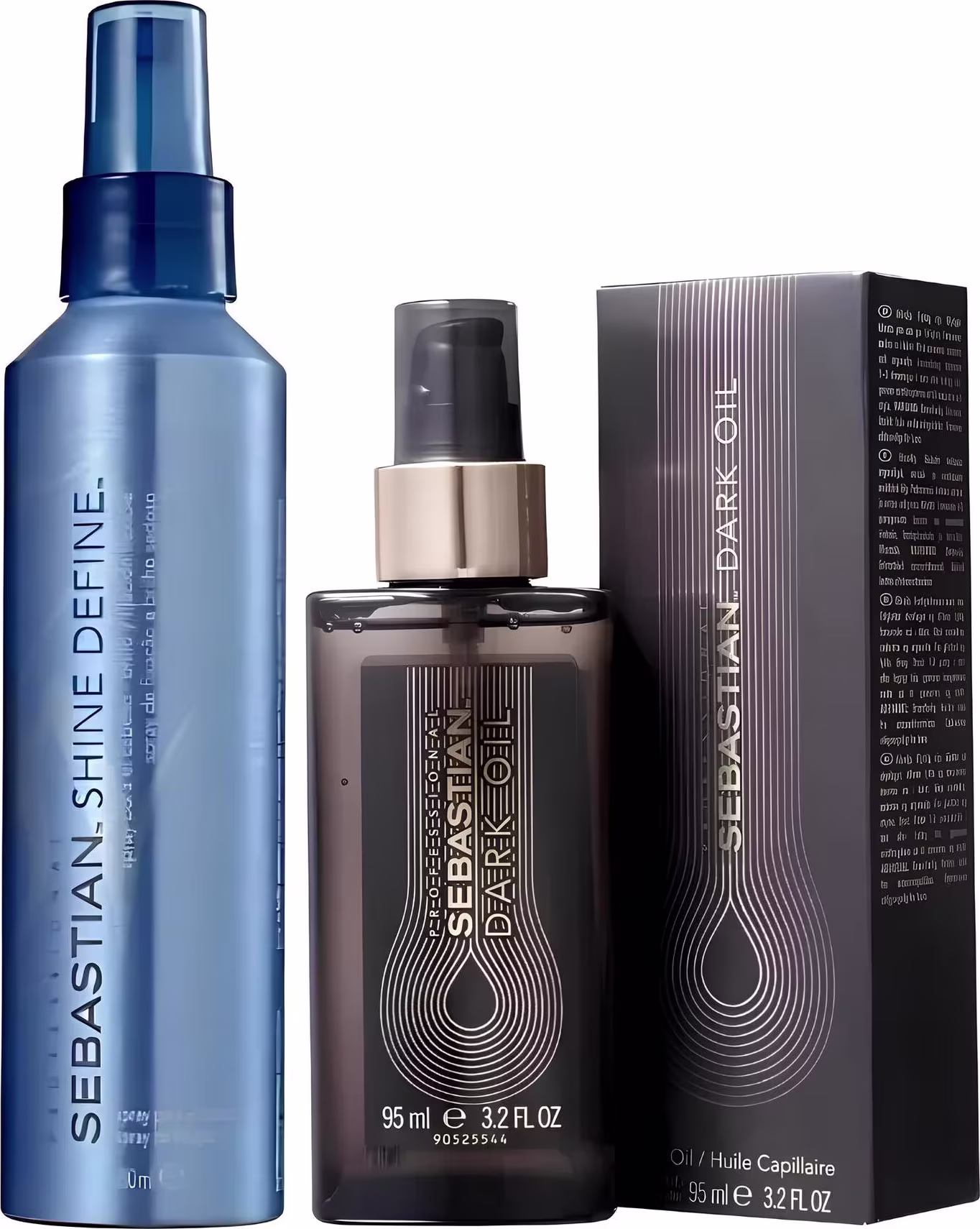 Um frasco spray azul escuro com o nome "Shine Define" impresso. O segundo é um frasco marrom escuro de vidro com uma tampa prateada e o nome "Sebastian Craft" gravado em relevo. Uma caixa preta com listras verticais e o nome "Sebastian Parker" impresso.