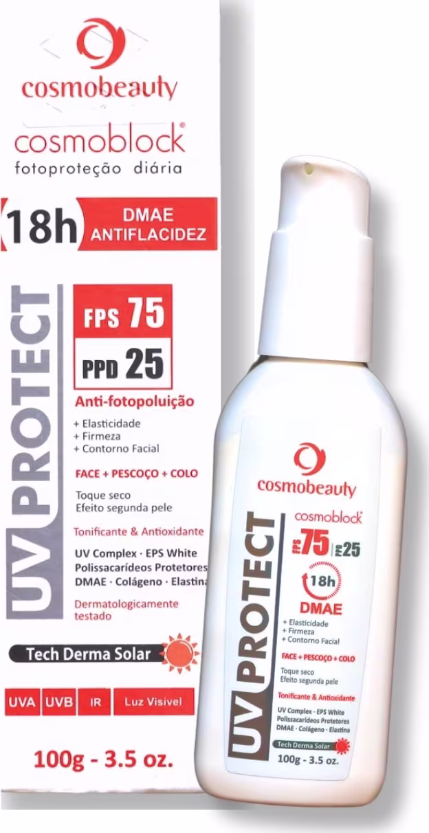 O rótulo destaca que o produto possui FPS 75 e PPD 25, sendo um protetor solar com ação antifotopoluição. Também menciona que o produto é indicado para o rosto, pescoço e colo, com efeito segunda pele.
