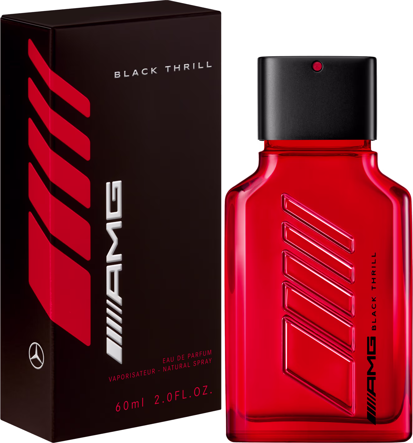 Perfume masculino Black Thrill da Mercedes-Benz. Frasco retangular de vidro vermelho brilhante com tampa preta fosca. Caixa externa preta com logotipo Mercedes e detalhes em vermelho e branco. Rótulo no frasco com o nome "Black Thrill" em letras brancas.
