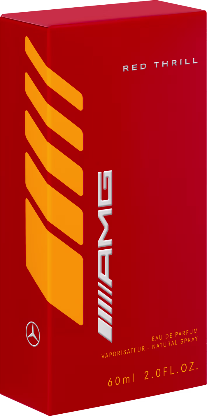 Embalagem de Red Thrill da Mercedes-Benz. Caixa retangular vermelha com detalhes em laranja formando listras diagonais.