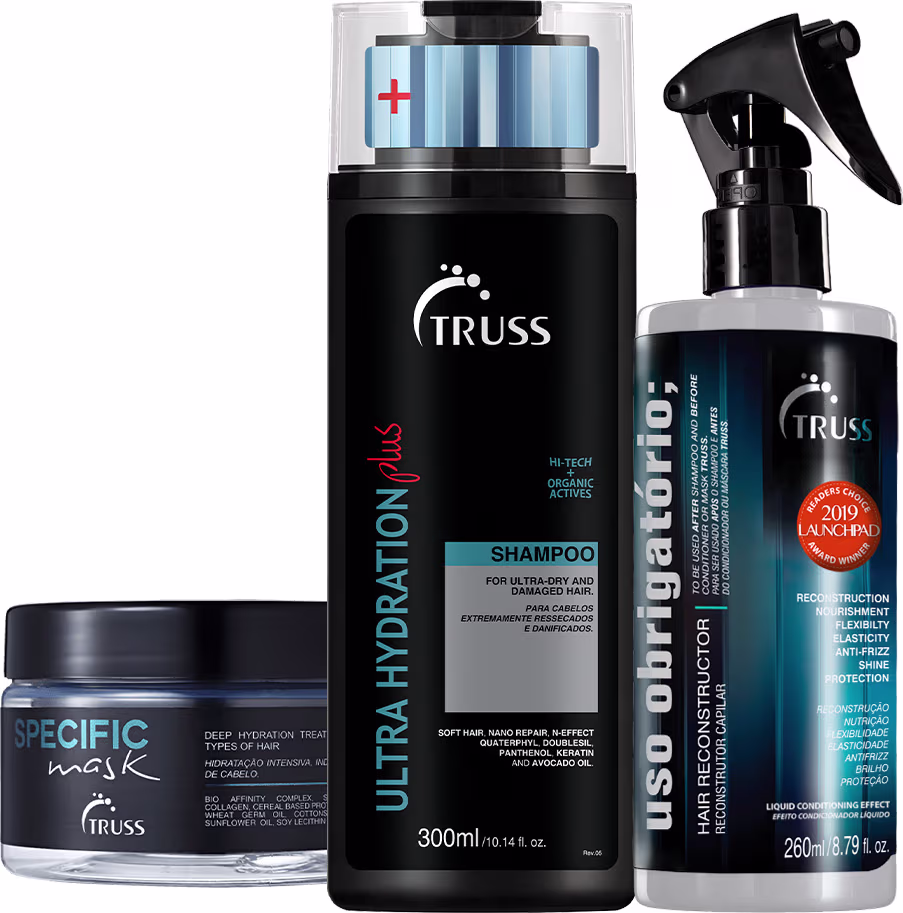 Kit com 3 produtos de TRUSS. Um frasco grandes de shampoo, um frasco de uso obrigatório spray e um pote redondo de máscara capilar.