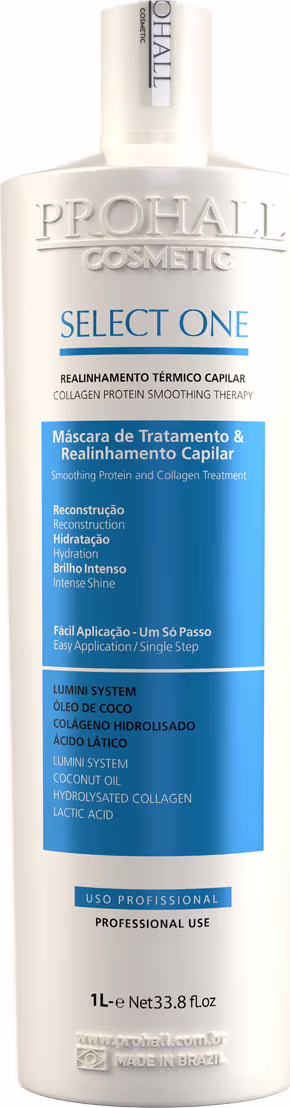 Tratamento capilar Prohall Cosmetic, chamado "Select One". A embalagem é um frasco branco com rótulo azul, contendo 1 litro do produto. O rótulo destaca que se trata de uma "Máscara de Tratamento & Realinhamento Capilar".