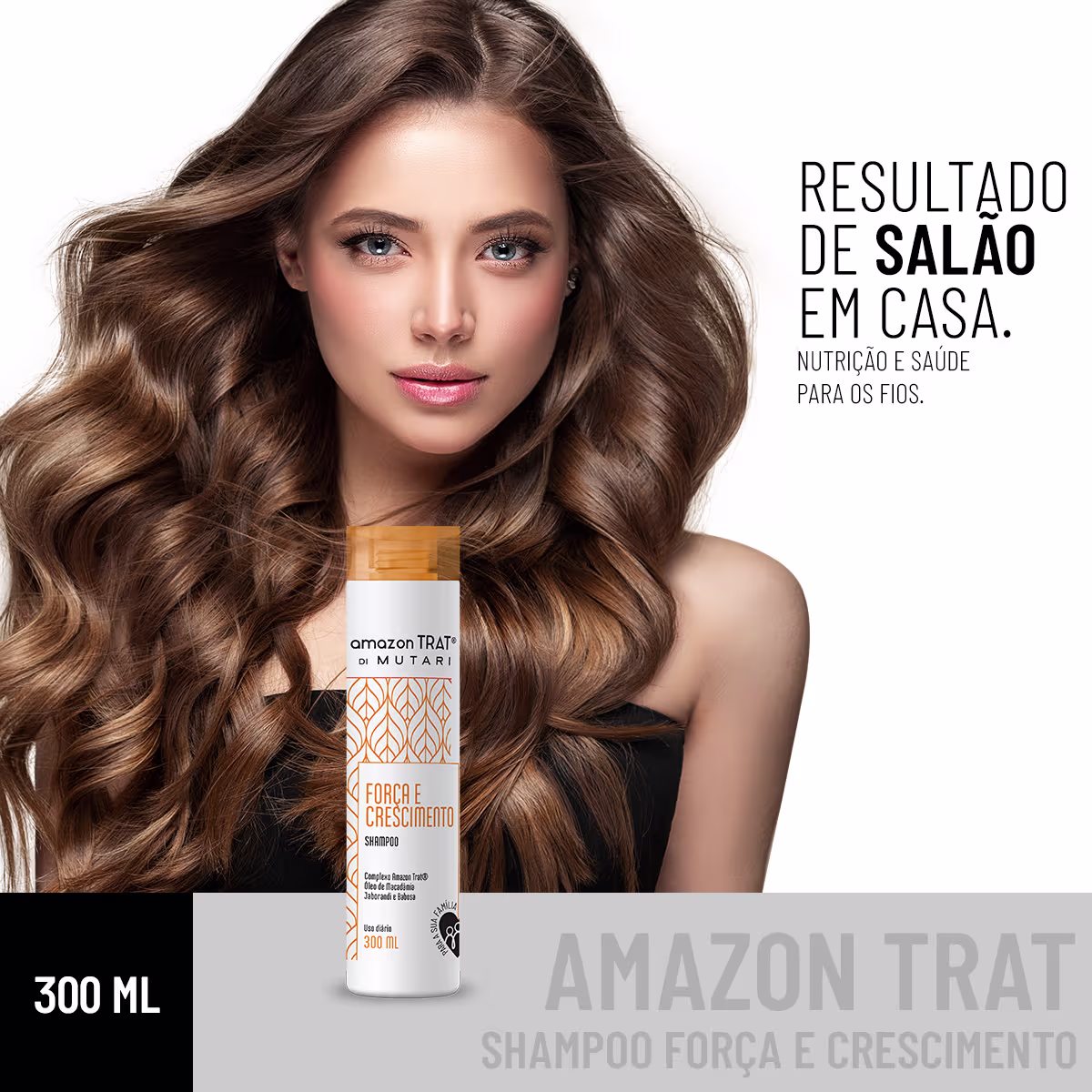 O produto mostrado na imagem é um shampoo da marca Amazon Trat, com o nome "Força e Crescimento". A imagem traz ainda uma mulher com cabelos loiros longos ondulados e a frase Resultado de Salão em Casa