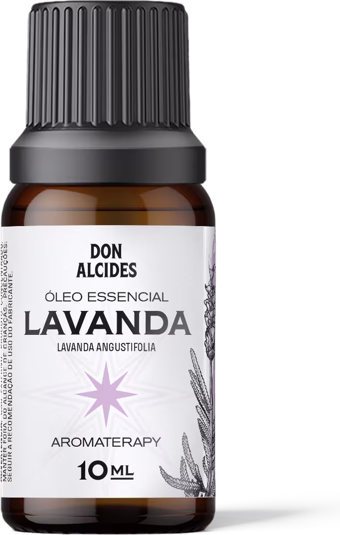 Frasco de óleo essencial de lavanda da marca Don Alcides, com rótulo branco e preto, contendo 10 ml do produto. O frasco possui tampa plástica preta com ranhuras verticais.