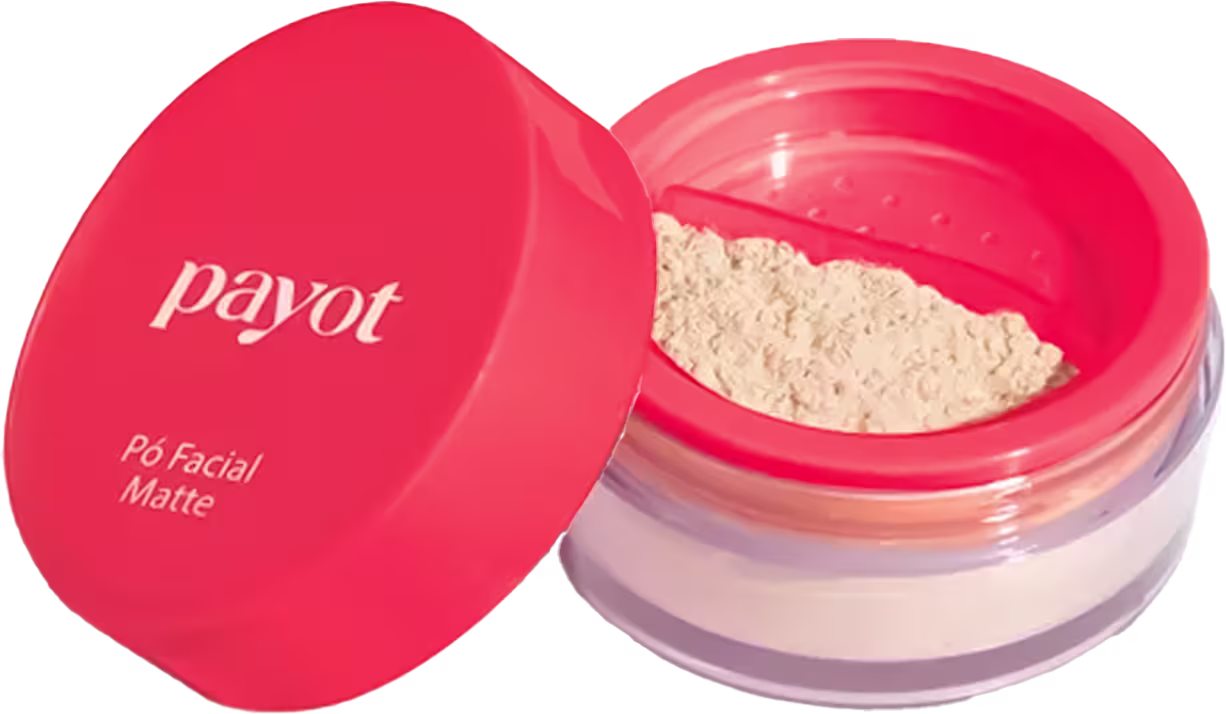 A imagem apresenta embalagem redonda compacta com tampa aberta. Dentro, aparece o pó em tom claro.