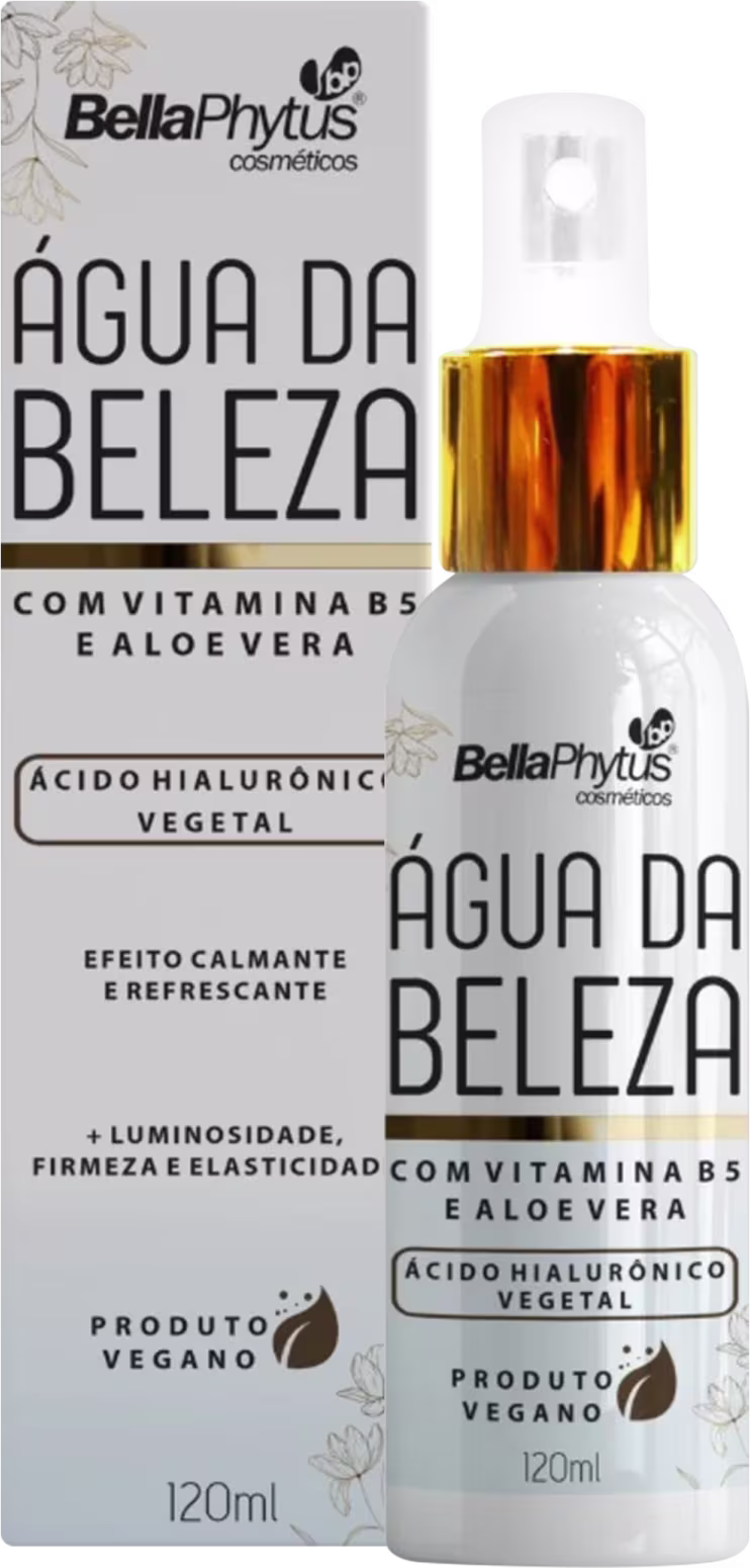 Spray Hidratante Multifuncional Água de Beleza da marca BellaPhytus. Imagem com embalagem e caixa do produto.