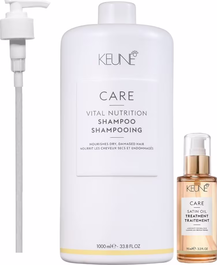 O produto apresentado é uma linha de cuidados capilares da marca Keune. Inclui um shampoo nutritivo de 1000 ml, um tratamento de óleo de 95 ml e uma válvula pump.