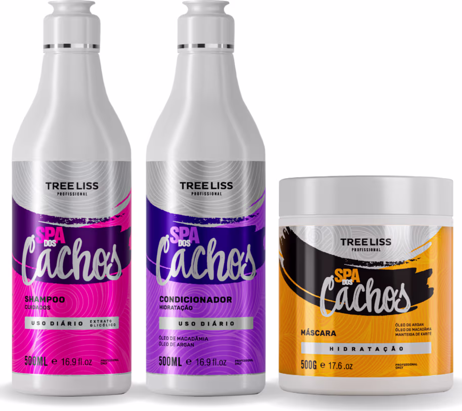 Produtos TreeLiss Profissional para cabelos. Dois frascos de plástico brancos de 500ml cada, com rótulos rosa e roxo, identificados como Shampoo e Condicionador da linha "Cachos". Um pote preto e branco de 500g com rótulo laranja, Máscara de Hidratação.