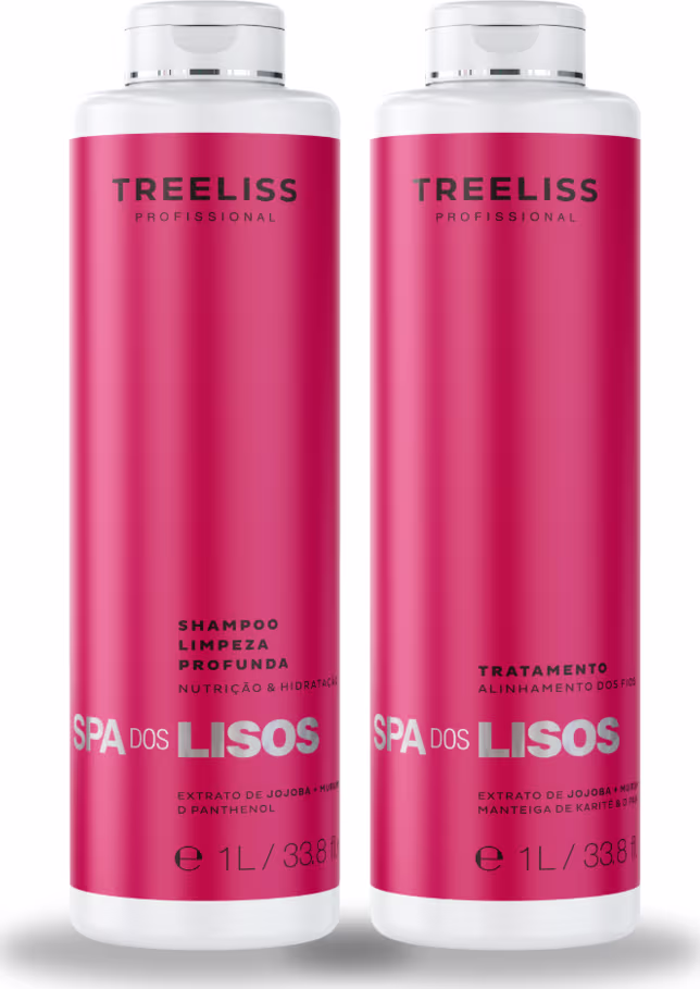 São dois frascos de shampoo e tratamento capilar da marca TreeLiss Profissional. Os frascos têm formato cilíndrico e são feitos de plástico branco na parte superior e vermelho na parte inferior.