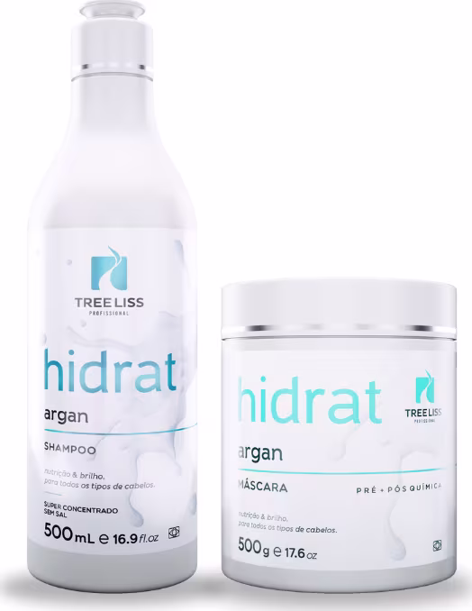 Produtos de tratamento capilar da marca TreeLiss Profissional. Um frasco branco de 500ml contendo shampoo hidratante à base de argan. Uma embalagem branca de 500g com máscara capilar hidratante à base de argan.