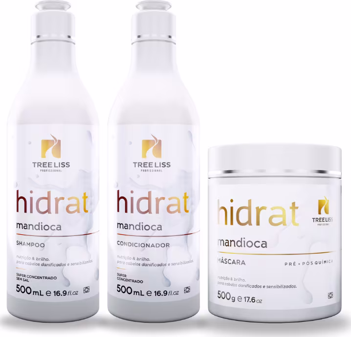 Produtos para cabelos da linha Hidrat Mandioca da marca TreeLiss Profissional. Dois frascos de plástico brancos de 500ml cada, um contendo shampoo e o outro condicionador. Um pote branco de 500g contendo máscara capilar.