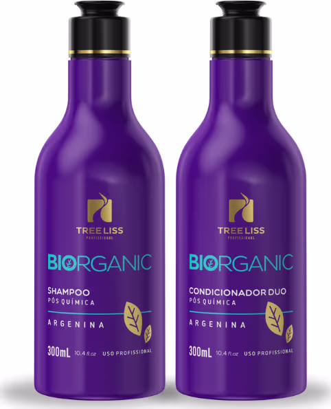 Dois frascos de shampoo e condicionador da linha Bio Organic da marca TreeLiss Profissional. Os frascos são de plástico roxo brilhante com tampas pretas.