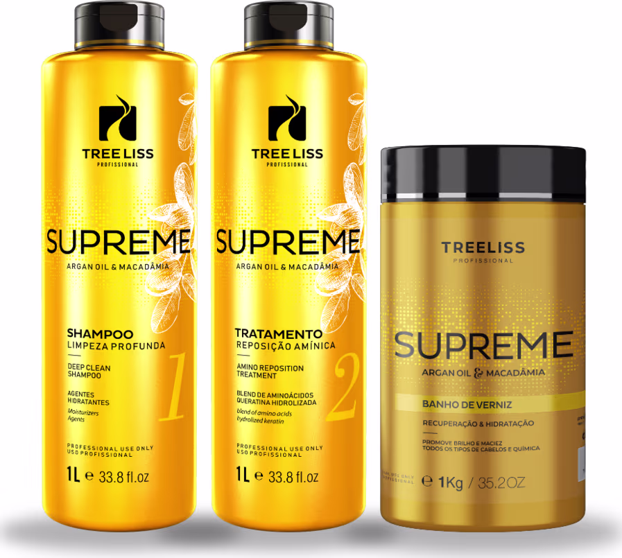 Produtos de tratamento capilar TreeLiss Supreme, composto por shampoo, tratamento e banho de verniz. Embalagens plásticas amarelas com detalhes em preto. Rótulos com o logotipo TreeLiss e descrições dos produtos em português.