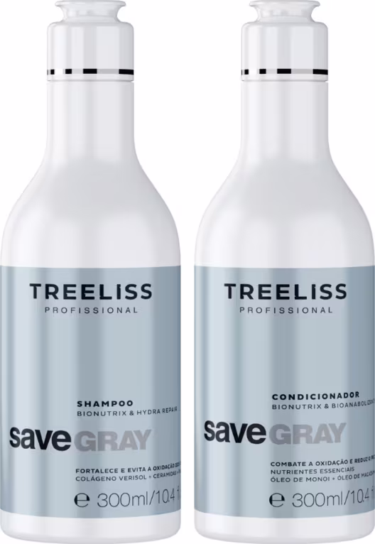 Dois frascos de plástico contendo produtos para cabelos grisalhos da linha TreeLiss Profissional. Um frasco é rotulado como "Shampoo Bionutrix & Hidratação Save Gray" e o outro como "Condicionador Bionutrix & Hidratação Save Gray".