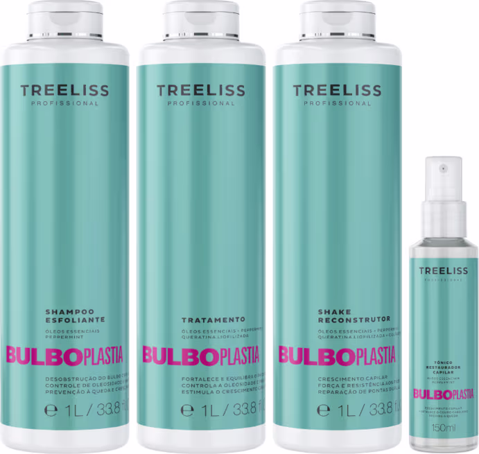 Produtos de tratamento capilar TreeLiss Profissional da linha Bulboplastia. Três frascos grandes de 1 litro cada: shampoo esfoliante, tratamento e shake reconstrutor. Um frasco menor de spray de 120ml na mesma cor e estilo.