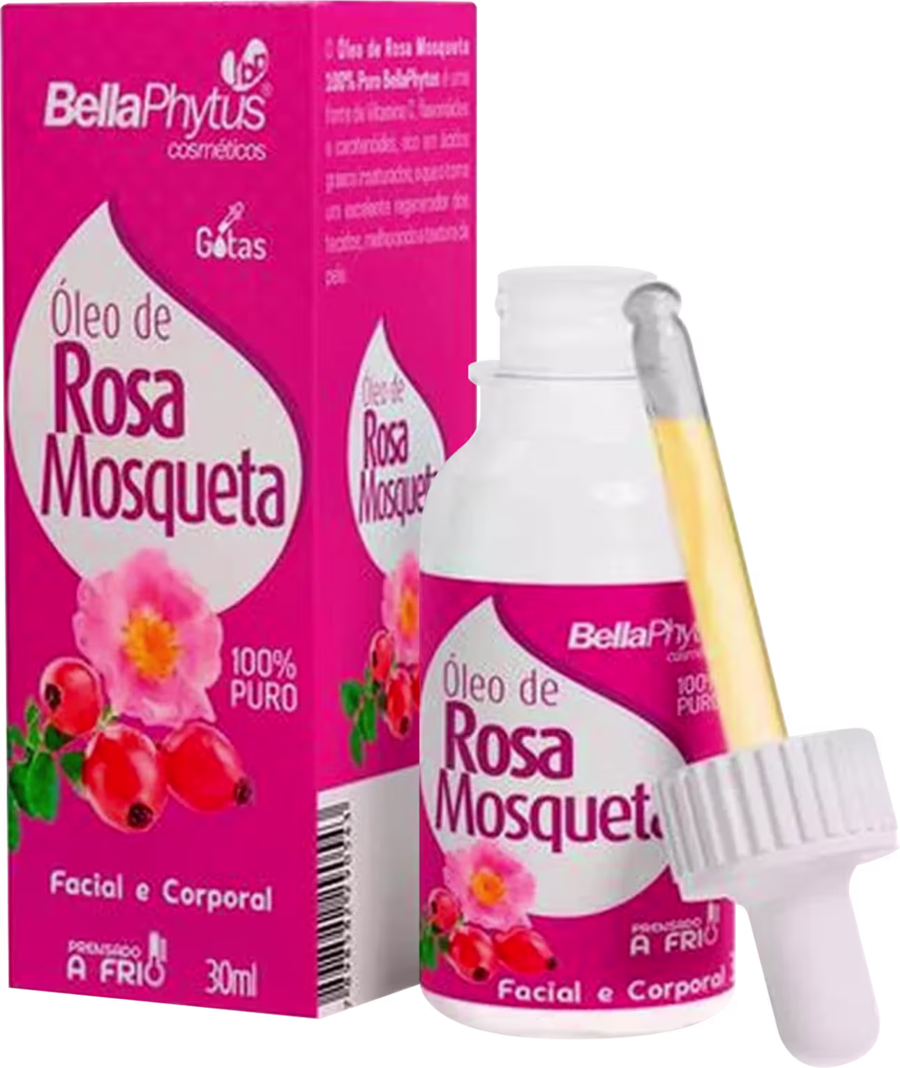 Óleo Multifuncional facial e corporal de Rosa Mosqueta, da marca BellaPhytus.