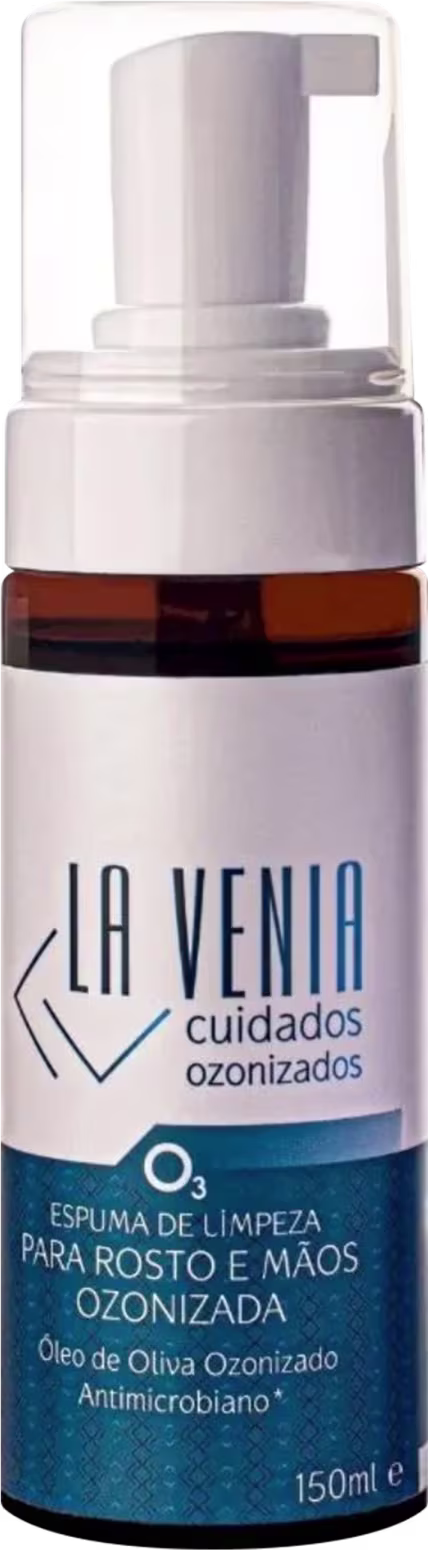 Espuma de limpeza para rosto e mãos ozonizada da marca La Venia Cuidados Ozonizados. Embalagem com tampa dosadora. Rótulo azul e branco com o logotipo da marca e informações do produto.