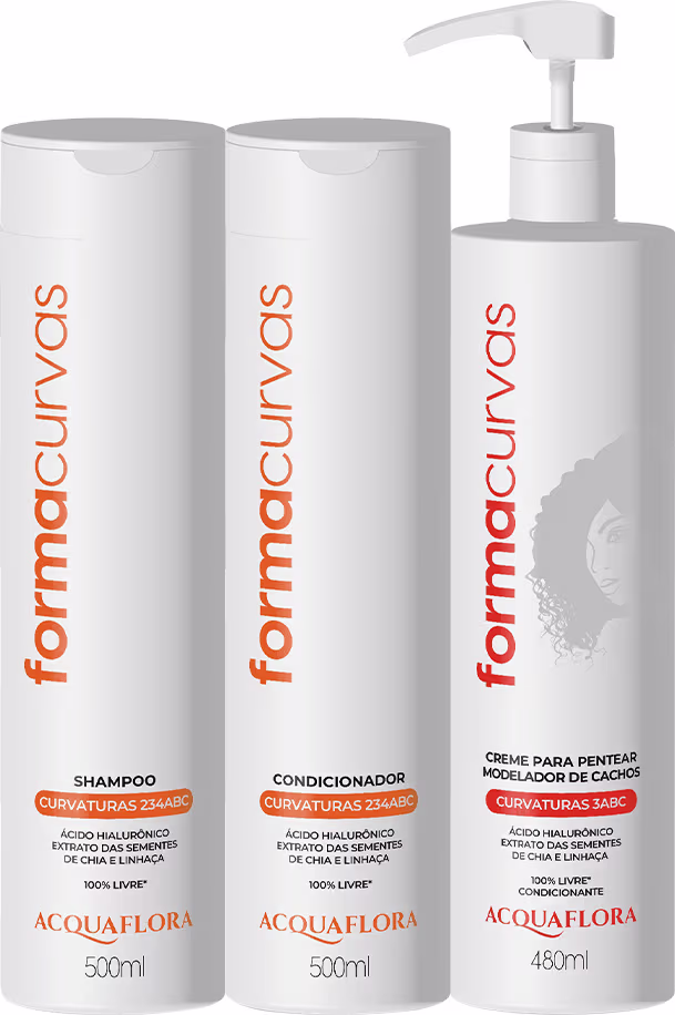 Conjunto de produtos Acquaflora para cuidados com cabelos cacheados, composto por shampoo, condicionador e creme modelador em embalagens brancas com detalhes em laranja.