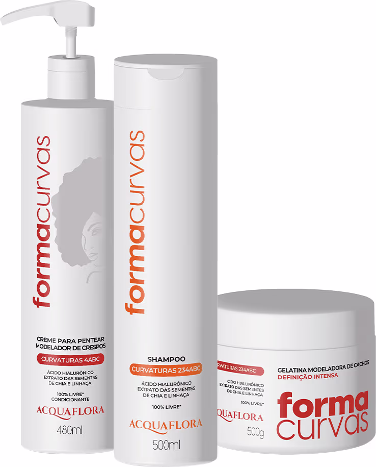 Produtos de beleza da marca Acquaflora, incluindo um creme para pentear, um shampoo e uma gelatina modeladora, em embalagens brancas com detalhes em laranja e texto informativo sobre os ingredientes e benefícios.