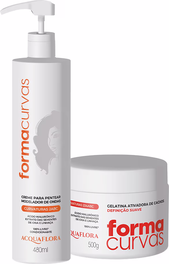 Produtos Acquaflora: Creme para pentear modelador de ondas em frasco branco com bomba e gelatina ativadora de cachos em pote branco, ambos com rótulos em laranja.