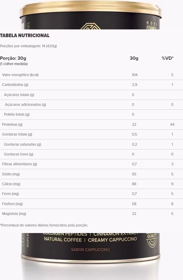 A imagem mostra a tabela nutricional do produto.