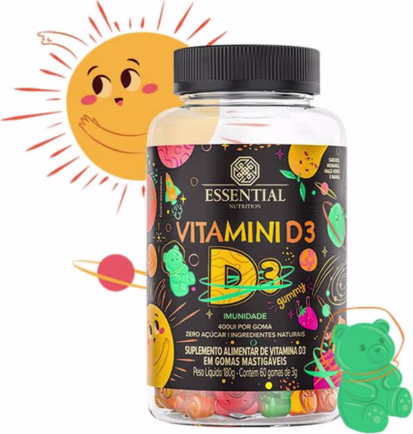 A imagem mostra um pote transparente com rótulo e tampa preta com letras e desenhos coloridos.