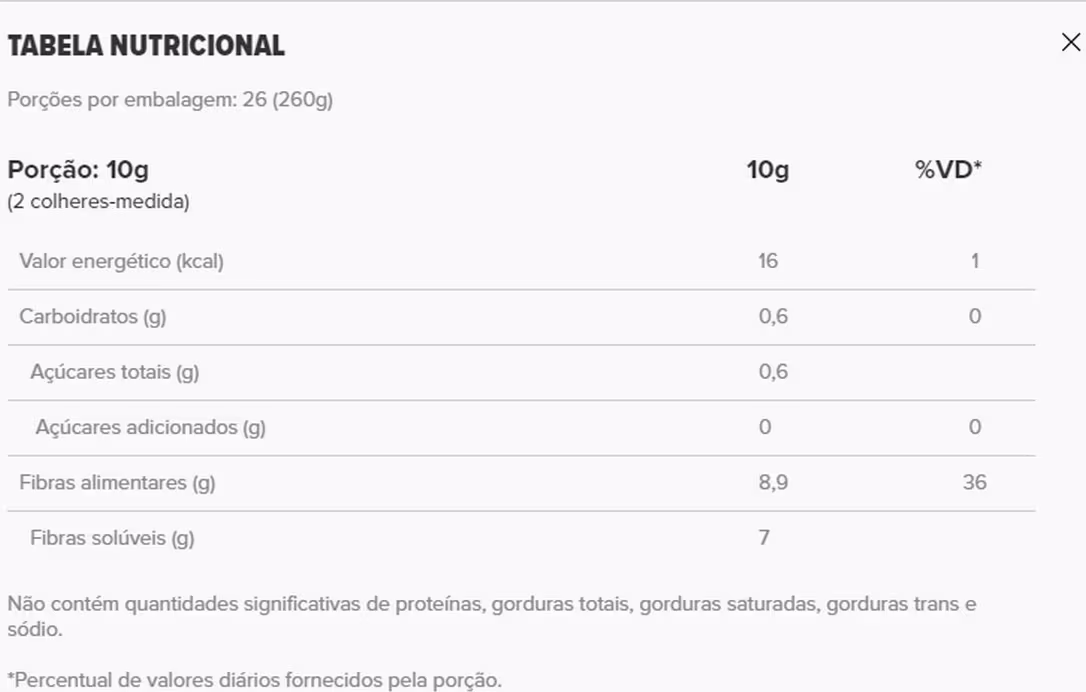 A imagem mostra a tabela nutricional do produto.