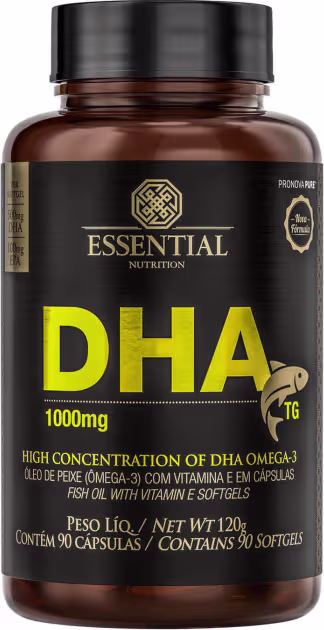 A imagem mostra um frasco redondo marrom com rótulo preto e letras douradas e amarelas.