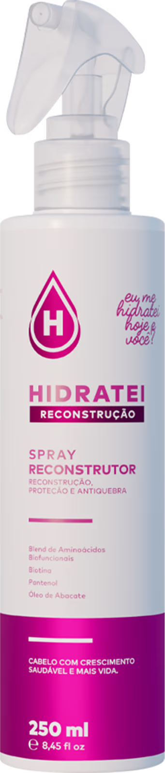 Embalagem plástica branca com detalhes em rosa e aplicador spray. Rótulo com o logotipo de uma gota rosa com um "H" no meio.