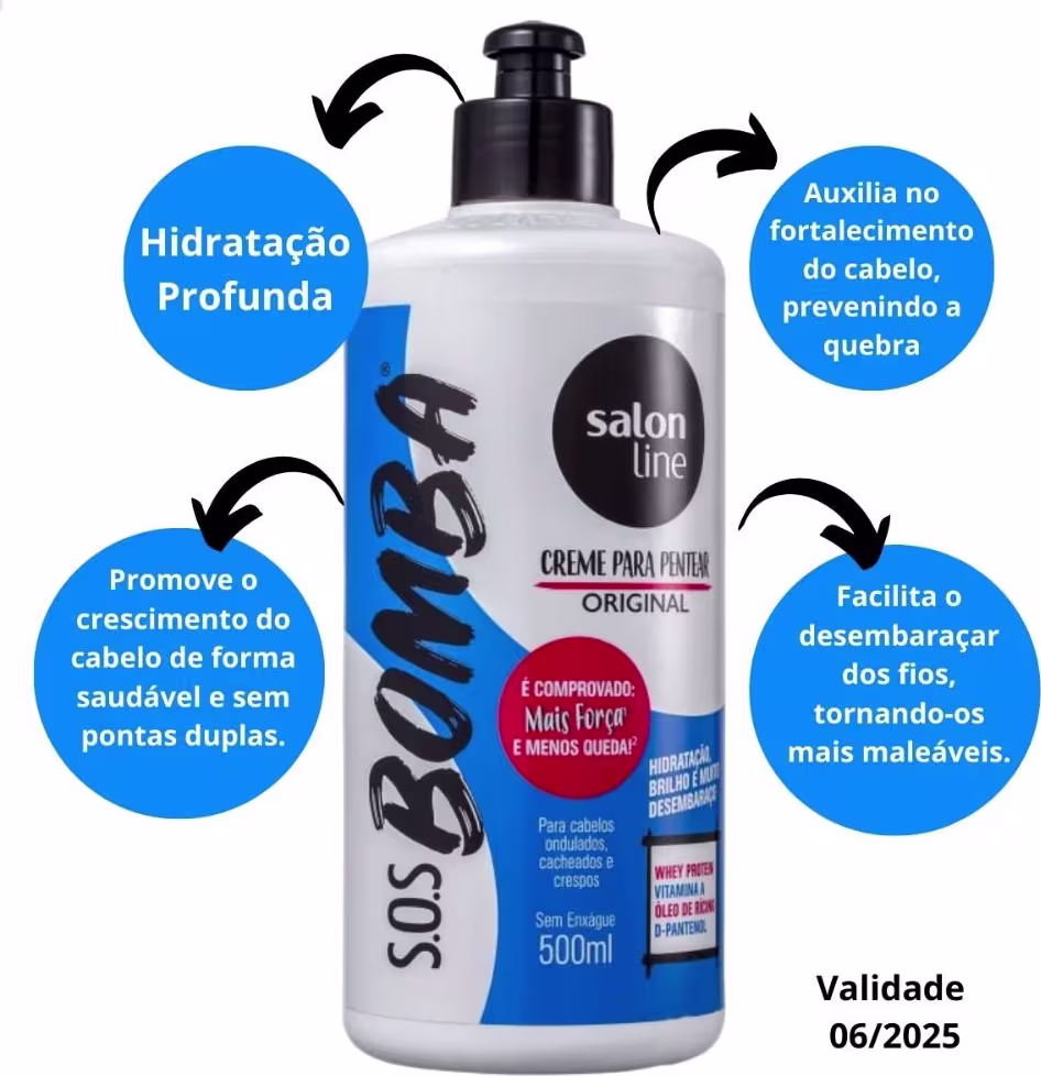 O produto apresentado é um creme para pentear da linha Salon Line. Texto lista os benefícios do produto, como hidratação profunda, fortalecimento do cabelo e facilitação do desembaraço dos fios.