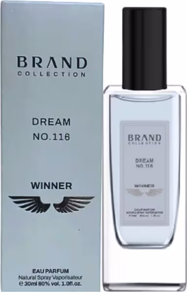 Frasco de perfume da marca Brand Collection, com rótulo "Dream No.116" e embalagem cinza e preta. O produto é descrito como "WINNER" e possui um símbolo de asas na embalagem.