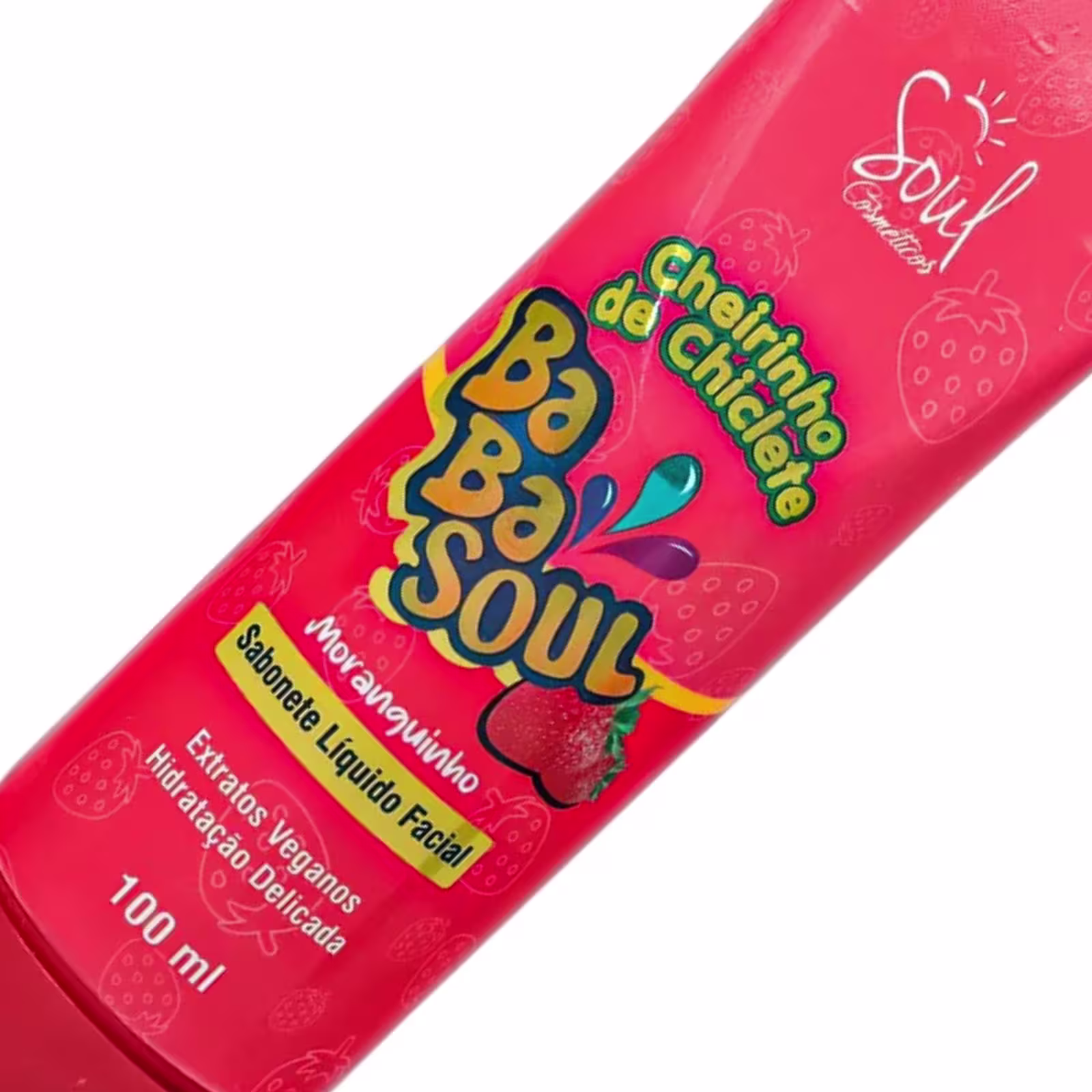 A imagem mostra um frasco de 100ml vermelho, com marca e linha em letras coloridas e tampa vermelha.