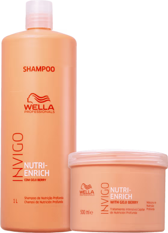 Shampoo e máscara capilar da linha Nutri-Enrich da marca Wella Professionals. O shampoo vem em uma embalagem laranja de 1 litro, com o nome "Shampoo" e o logotipo da Wella em laranja. A máscara capilar vem em uma embalagem laranja de 500mL.