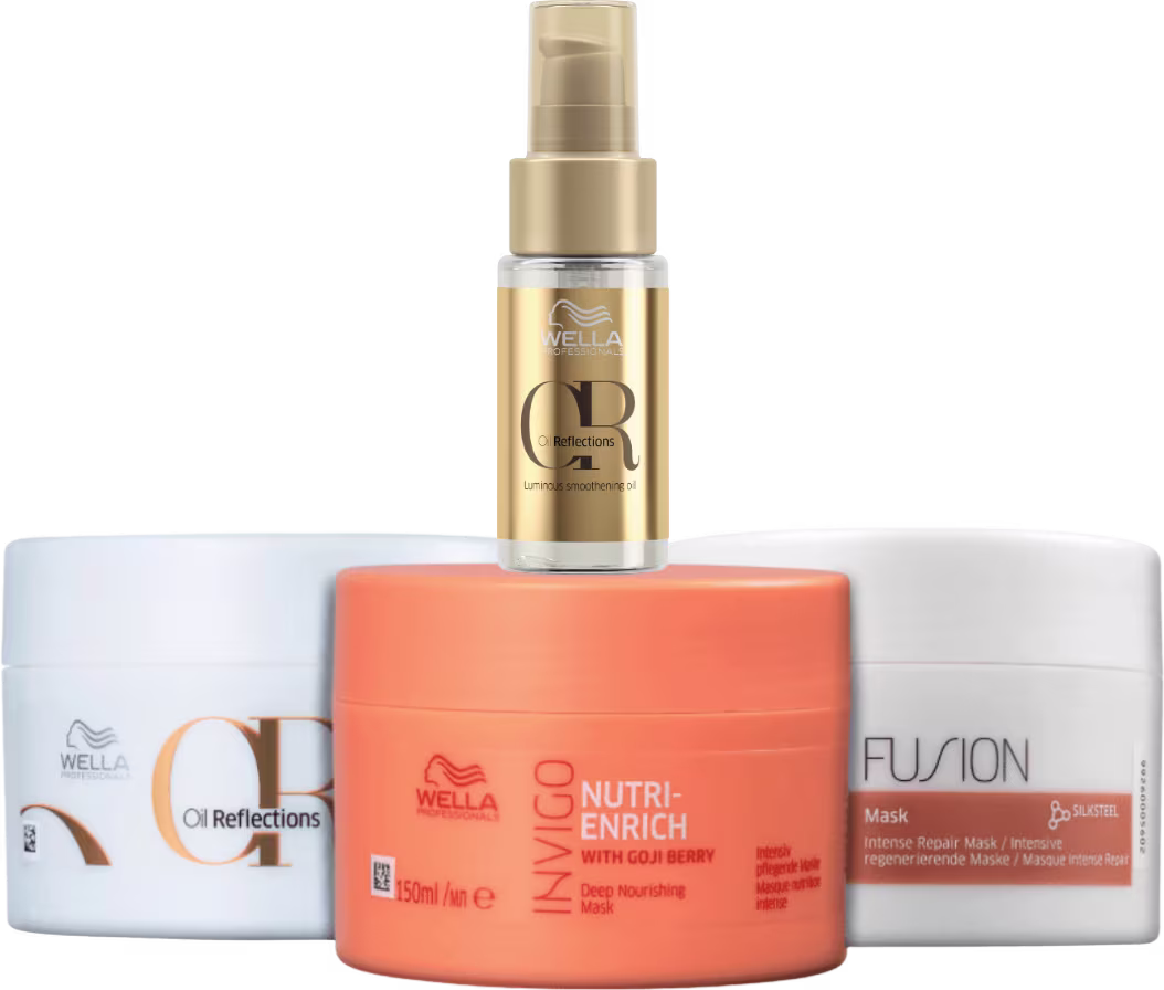 Máscara oil reflections, nutri-enrich e fusion de 150ml cada, mais óleo oil reflections 30ml.
